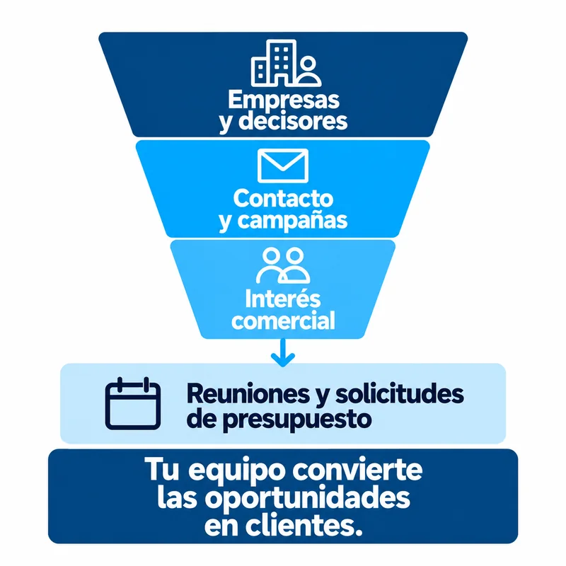 Embut de captació B2B: empreses i decisors, contacte i campanyes, interès comercial, reunions i sol·licituds de pressupost. El teu equip converteix les oportunitats en clients.